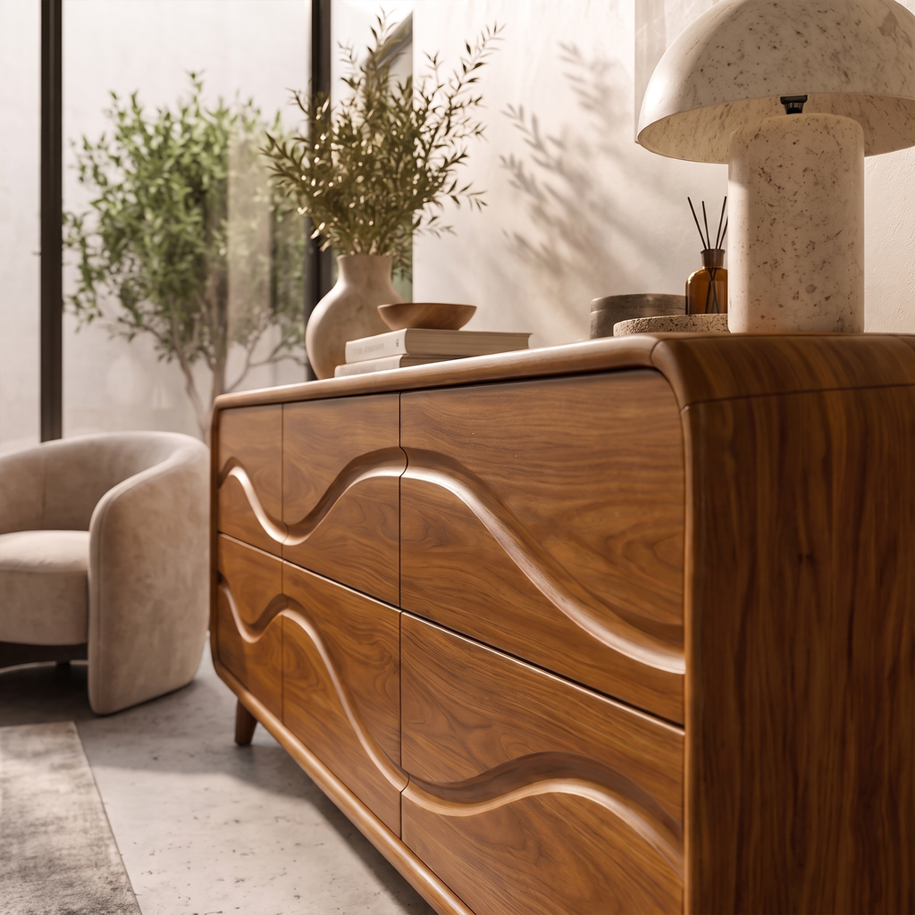 Contemporary Low Dresser with Embossed Grain Front and Curved Corners, solid wood, built to order, view 2