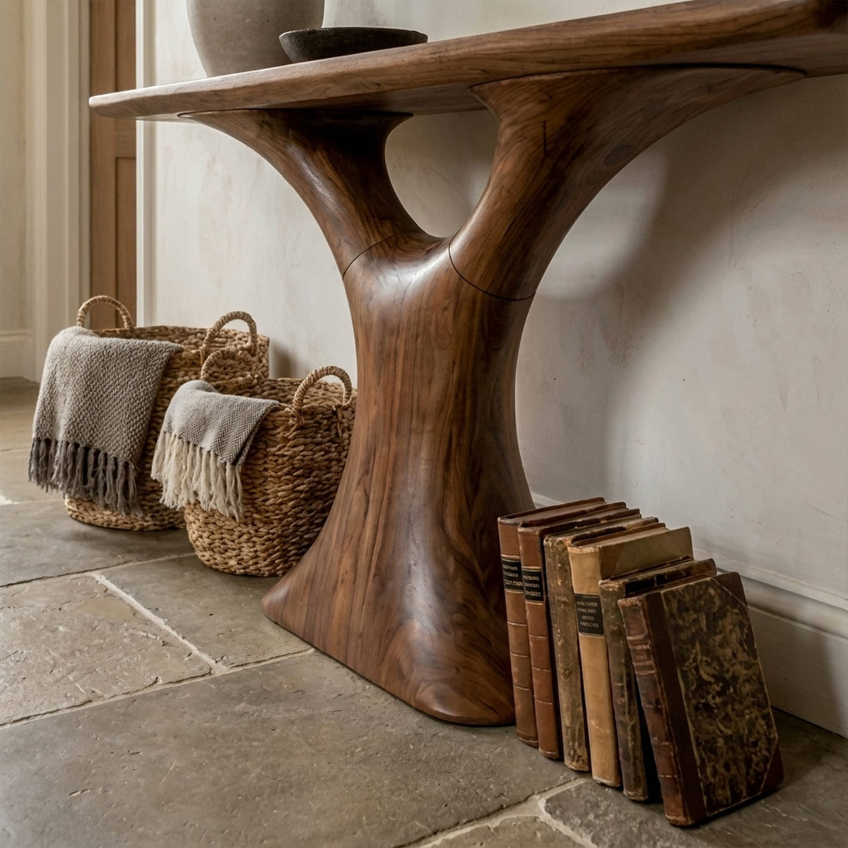 Mid Century Entry Table Smooth Sculptural Form Welcome Area, solid wood, built to order