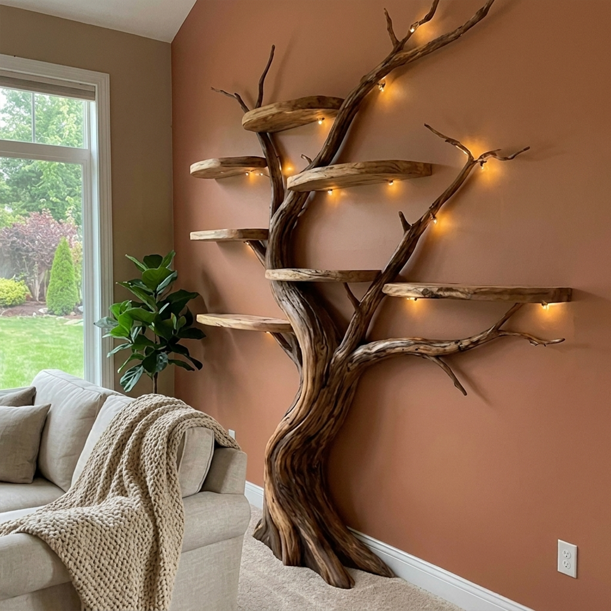 Organic Tree Bookshelf Living Room Interior Sculptural Wall Display, solid wood, built to order, view 3