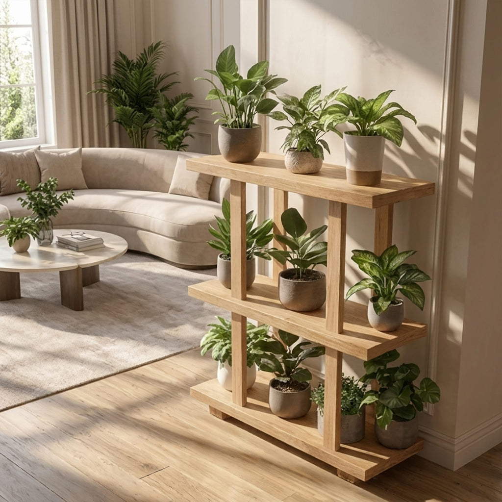 Mid Century Plant Shelf Indoor Garden Decor, solid wood, built to order