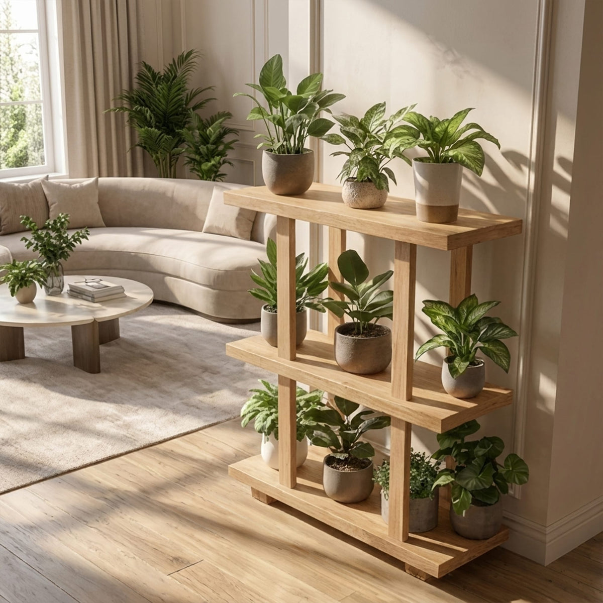 Mid Century Plant Shelf Indoor Garden Decor, solid wood, built to order