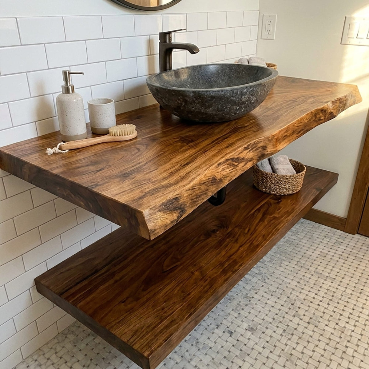 Mid Century Bathroom Vanity Shelf Curved Edge Wood Bathroom Look, solid wood, built to order