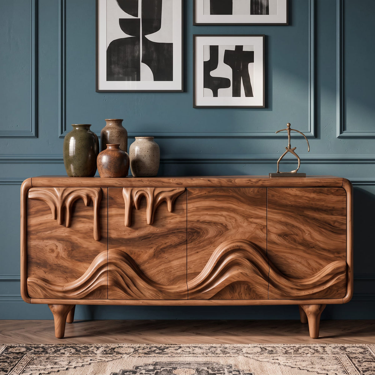 Mid Century Sideboard with Intricately Carved Front Design, solid wood, built to order