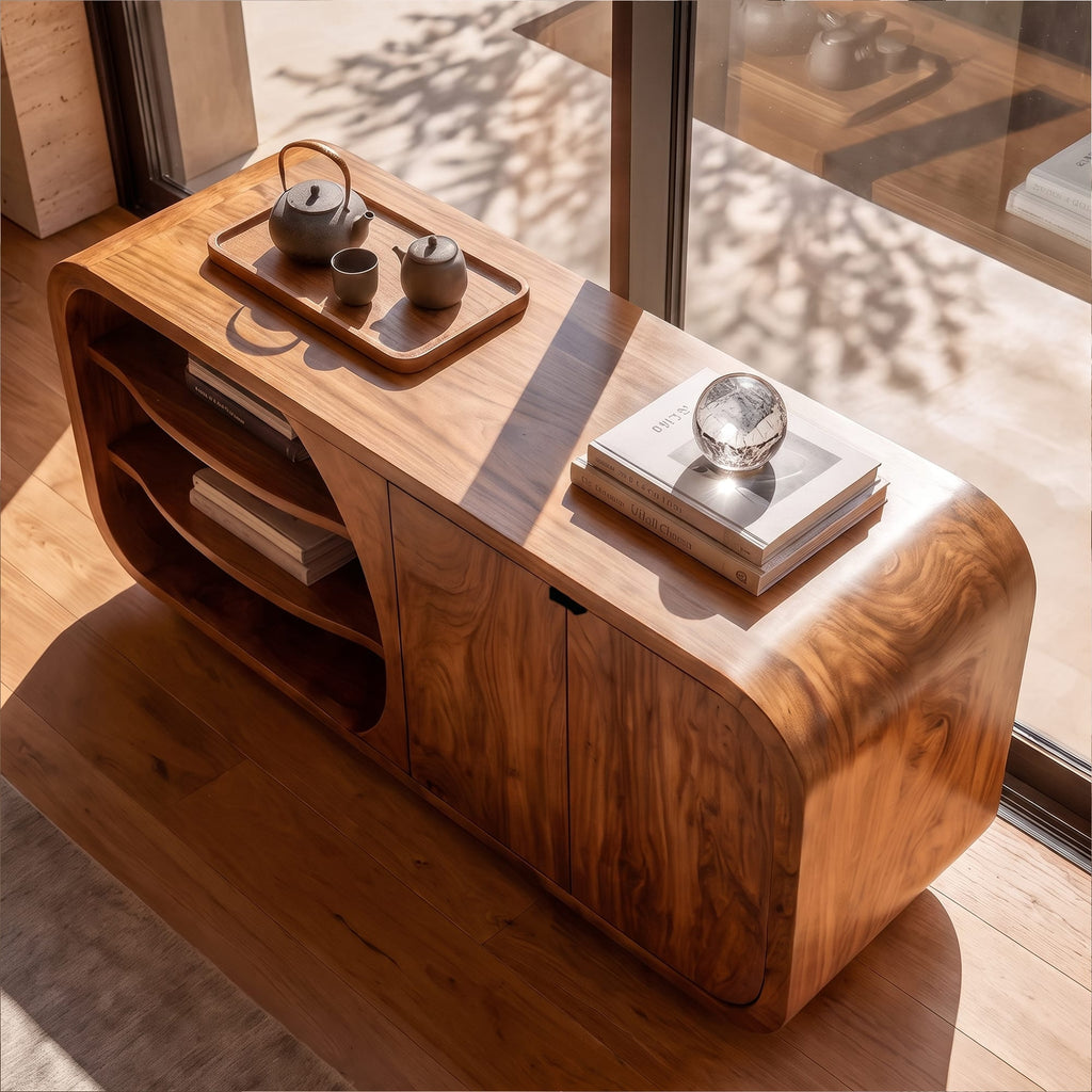 Mid Century Storage Cabinet with Curved Profile and Side Display Compartments, solid wood, built to order