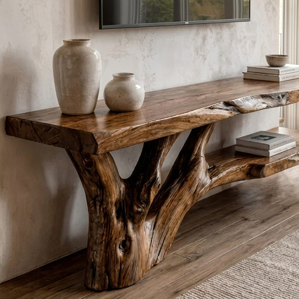 Mid Century Console Table Wood Backing Statement Showroom, solid wood, built to order