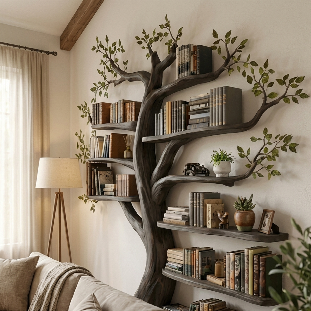Organic Tree Bookshelf Living Room Interior Sculptural Wall Display, solid wood, built to order, view 2
