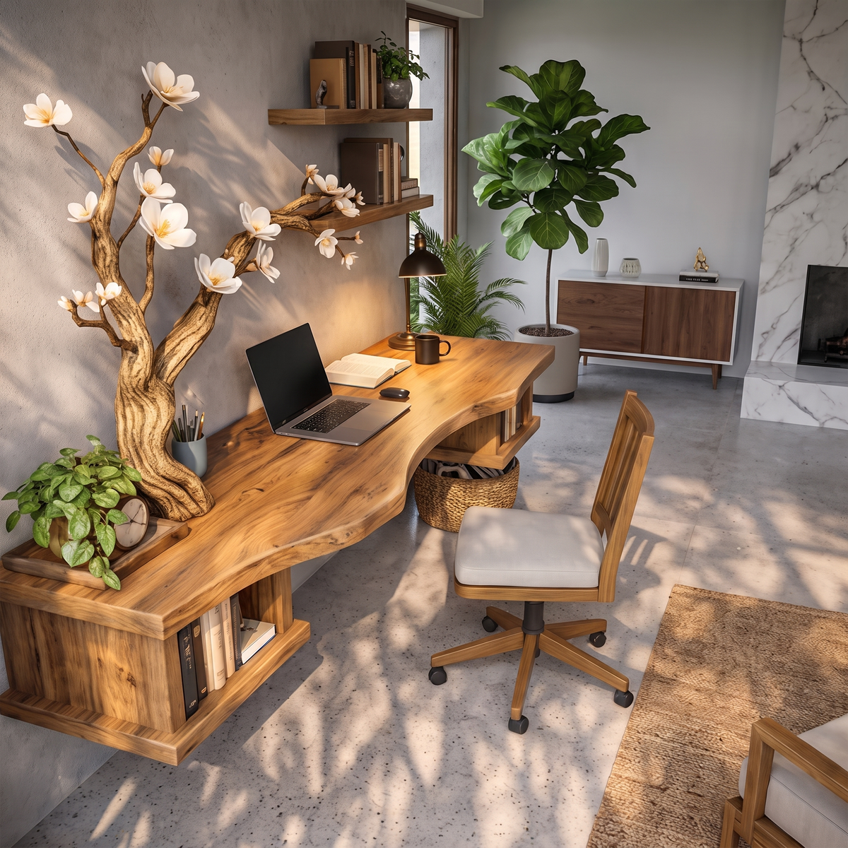 Organic Sculptural Floating Desk with Tree Branch Art, solid wood, built to order, view 2