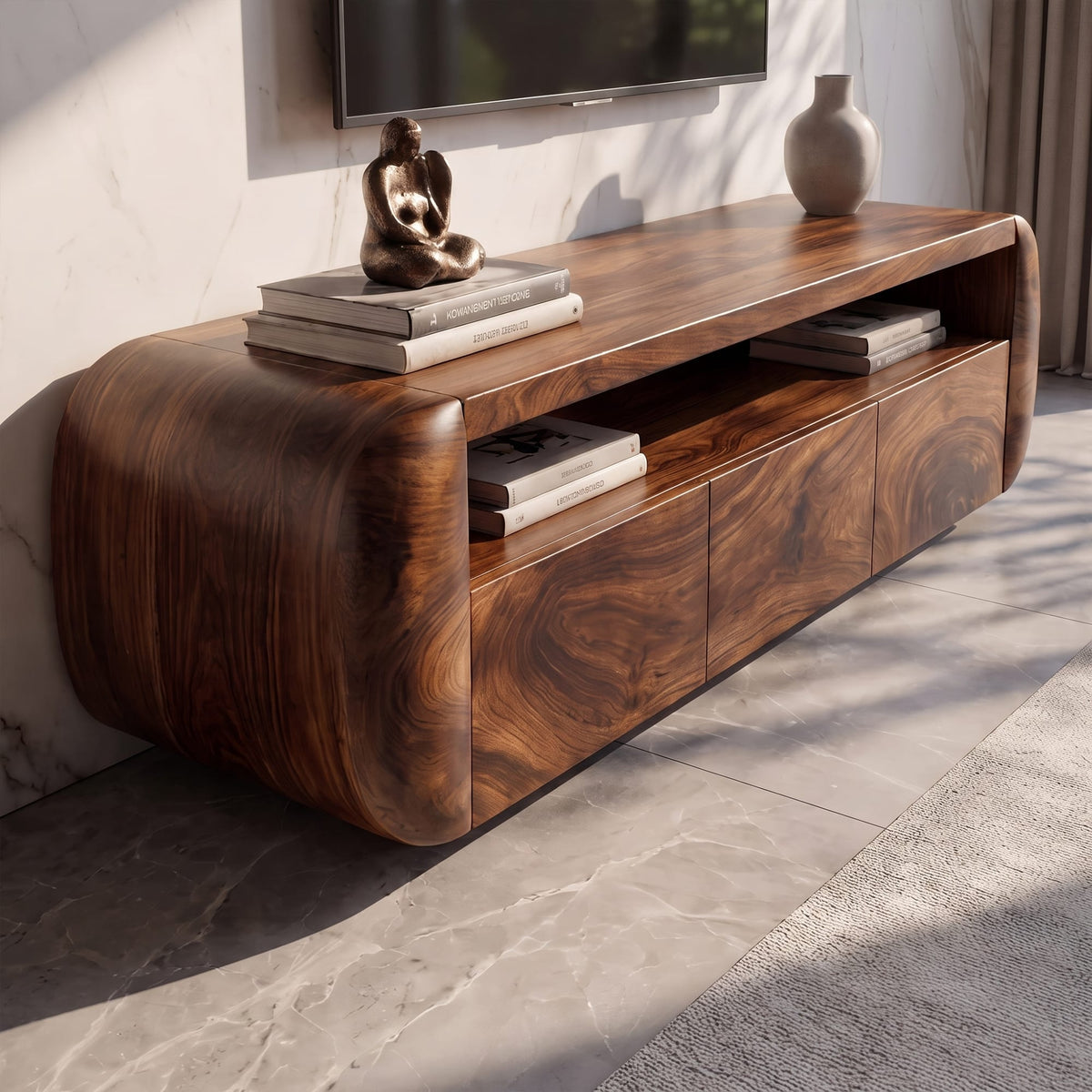 Contemporary TV Cabinet with Sculptural Form, solid wood, built to order