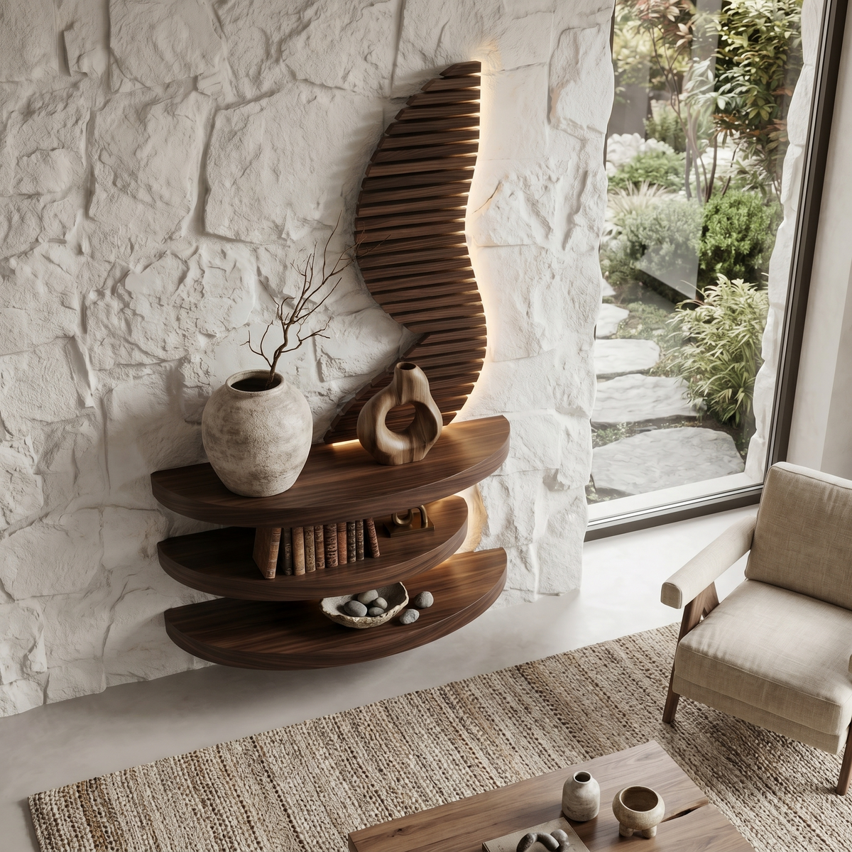 Organic Floating Shelf with Sculptural Wave Wall Panel Design, solid wood, built to order, view 2