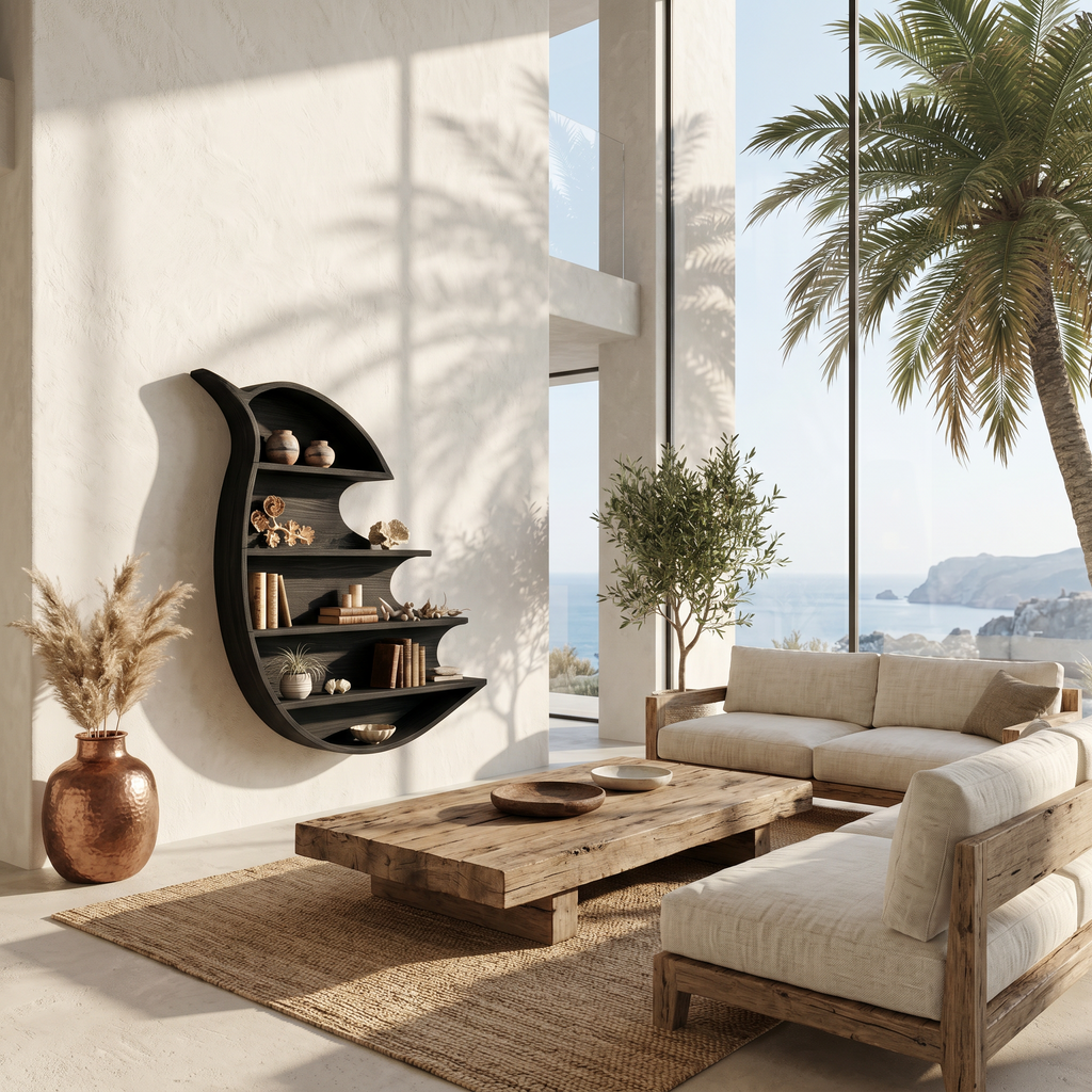 Artistic Wave Bookcase with Wall Mounted Display Storage, solid wood, built to order, view 3