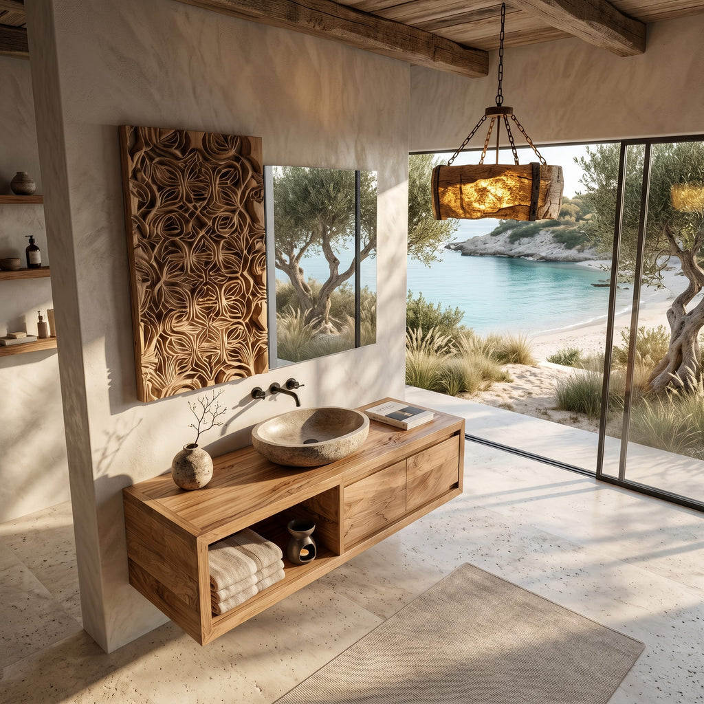 Organic Modern Floating Bathroom Vanity with Open Storage, solid wood, built to order