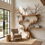 Organic Tree Wall Shelf with Multi Tier Display Shelves, solid wood, built to order