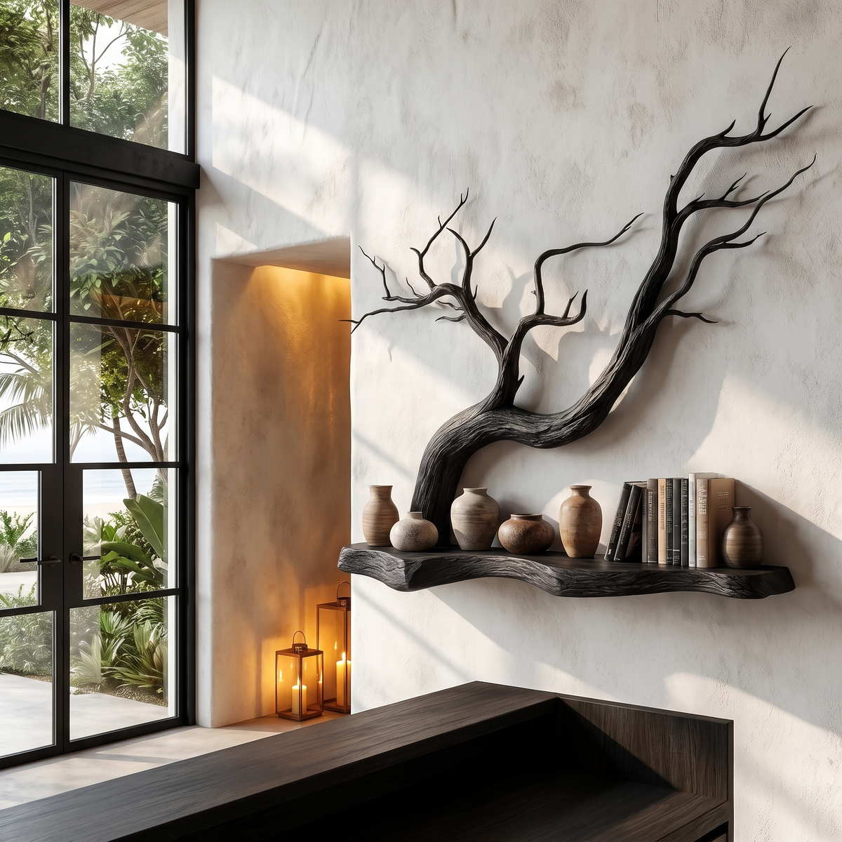 Floating Shelf with Sculptural Tree Branch Form, solid wood, built to order, view 3