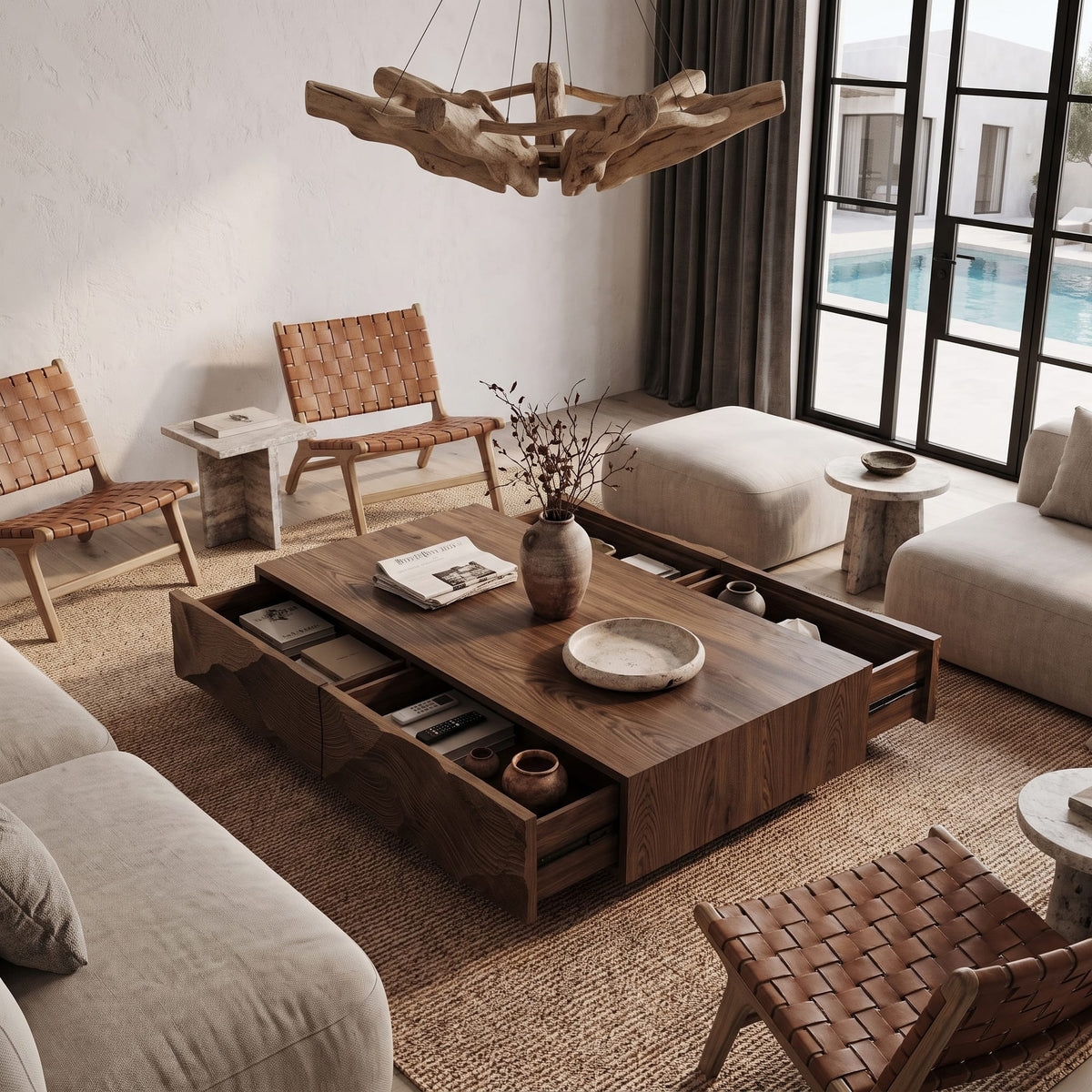 Contemporary Coffee Table with Sculptural Carved Drawer Front, solid wood, built to order