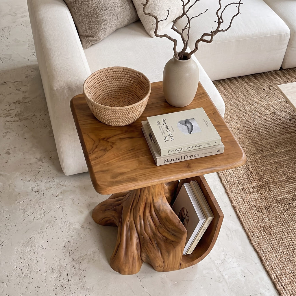 Contemporary Sculptural Side Table with Tree Inspired Base, solid wood, built to order