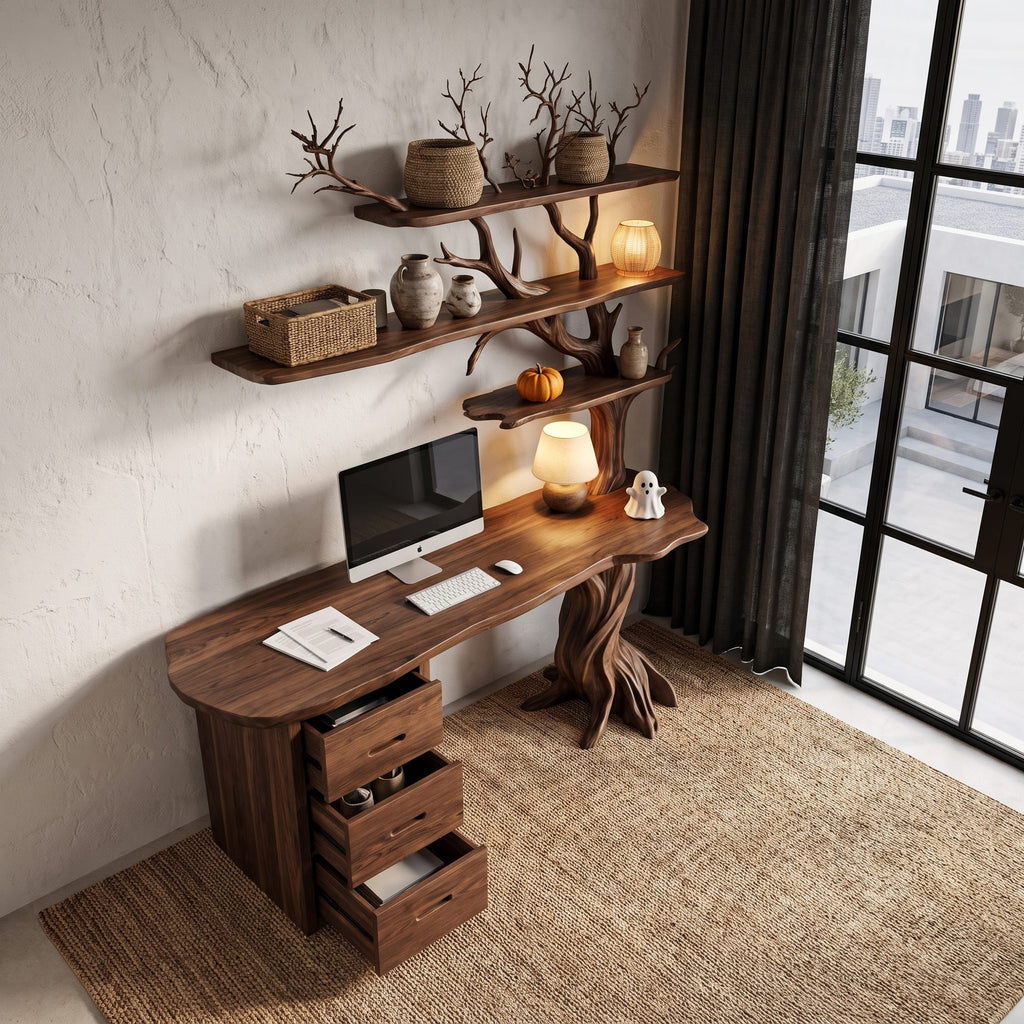 Contemporary Writing Desk with Tree Silhouette, solid wood, built to order