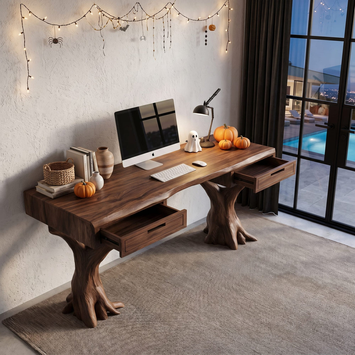 Contemporary Storage Desk with Display Shelves, solid wood, built to order