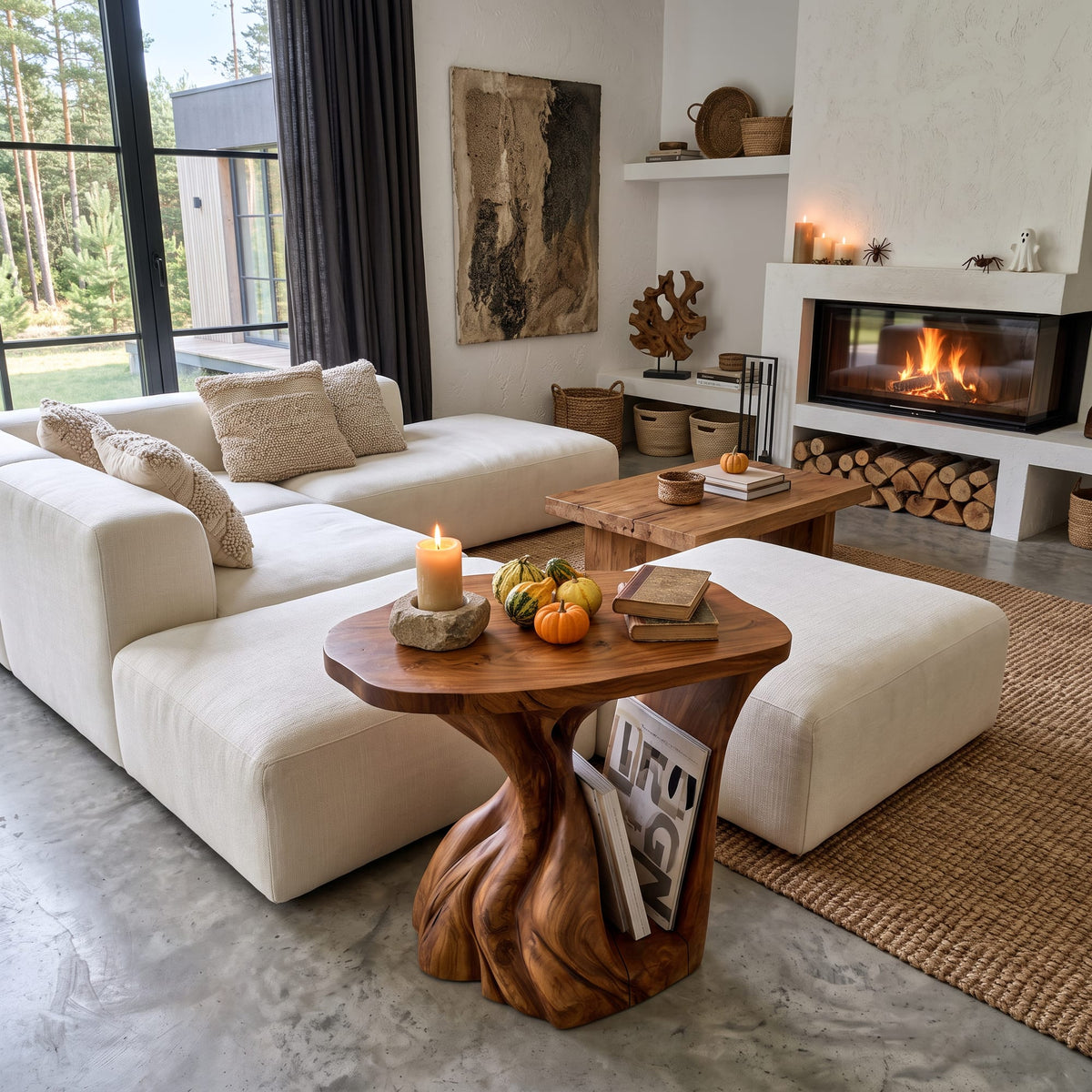 Contemporary Beside Table Inspired with Sculptural Base, solid wood, built to order