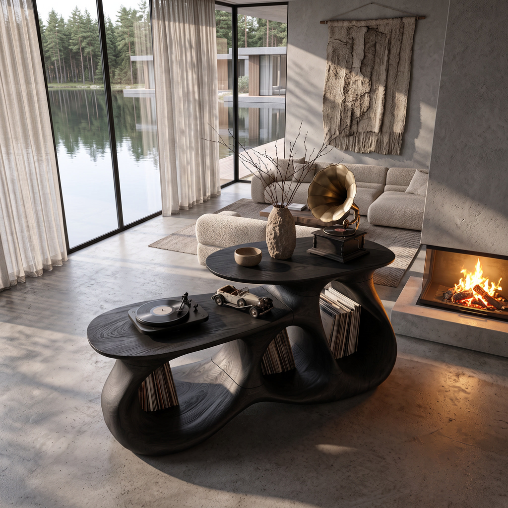 Contemporary Vinyl Record Cabinet with Interlocking Curved Forms, solid wood, built to order, view 2