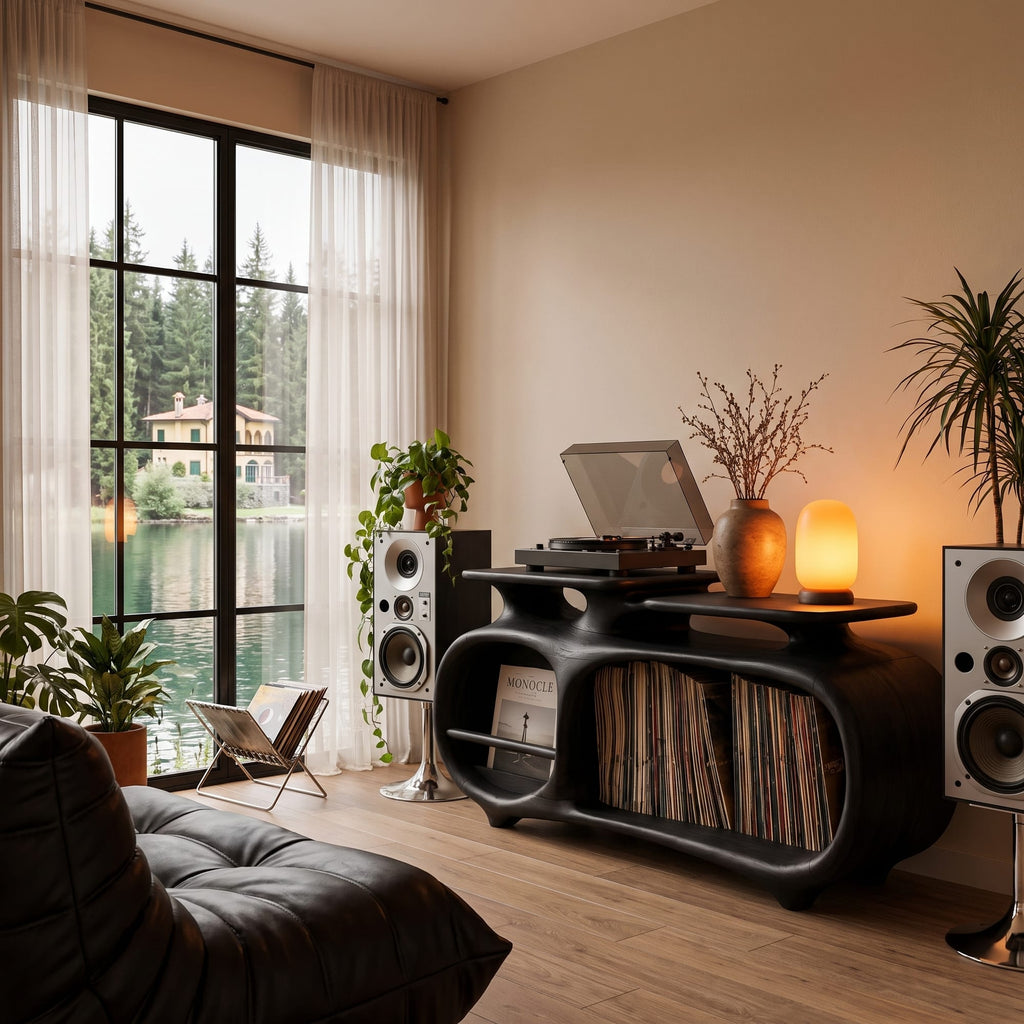 Minimalist Vinyl Console with Soft Continuous Curves, solid wood, built to order