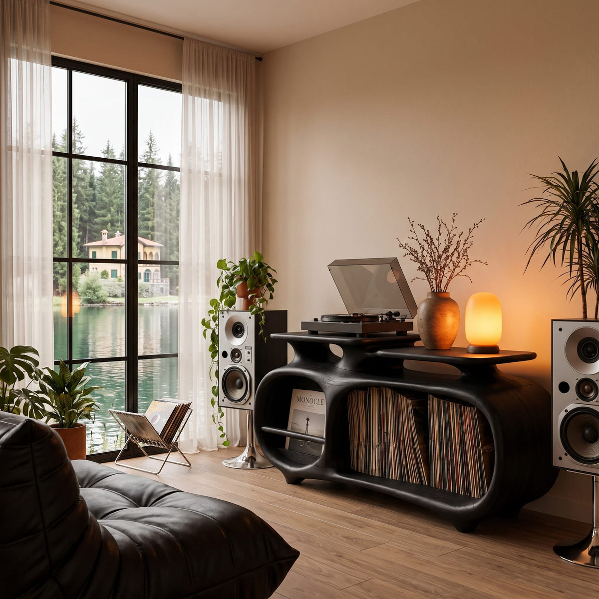 Minimalist Vinyl Console with Soft Continuous Curves, solid wood, built to order