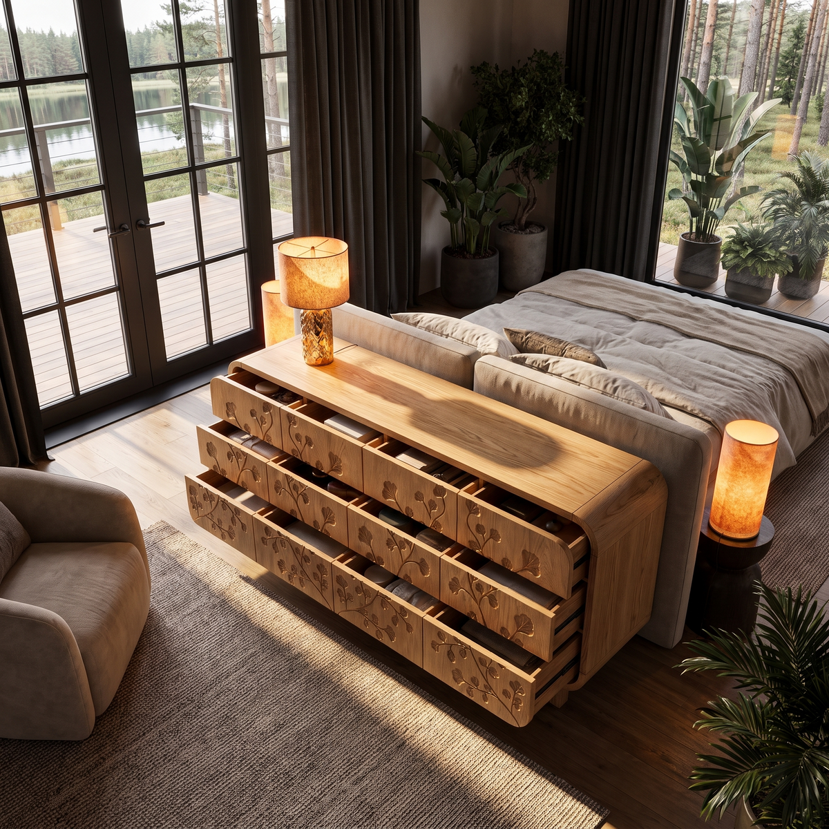 Minimalist All Dresser with Subtle Leaf Carving and Soft Rounded Frame, solid wood, built to order, view 2