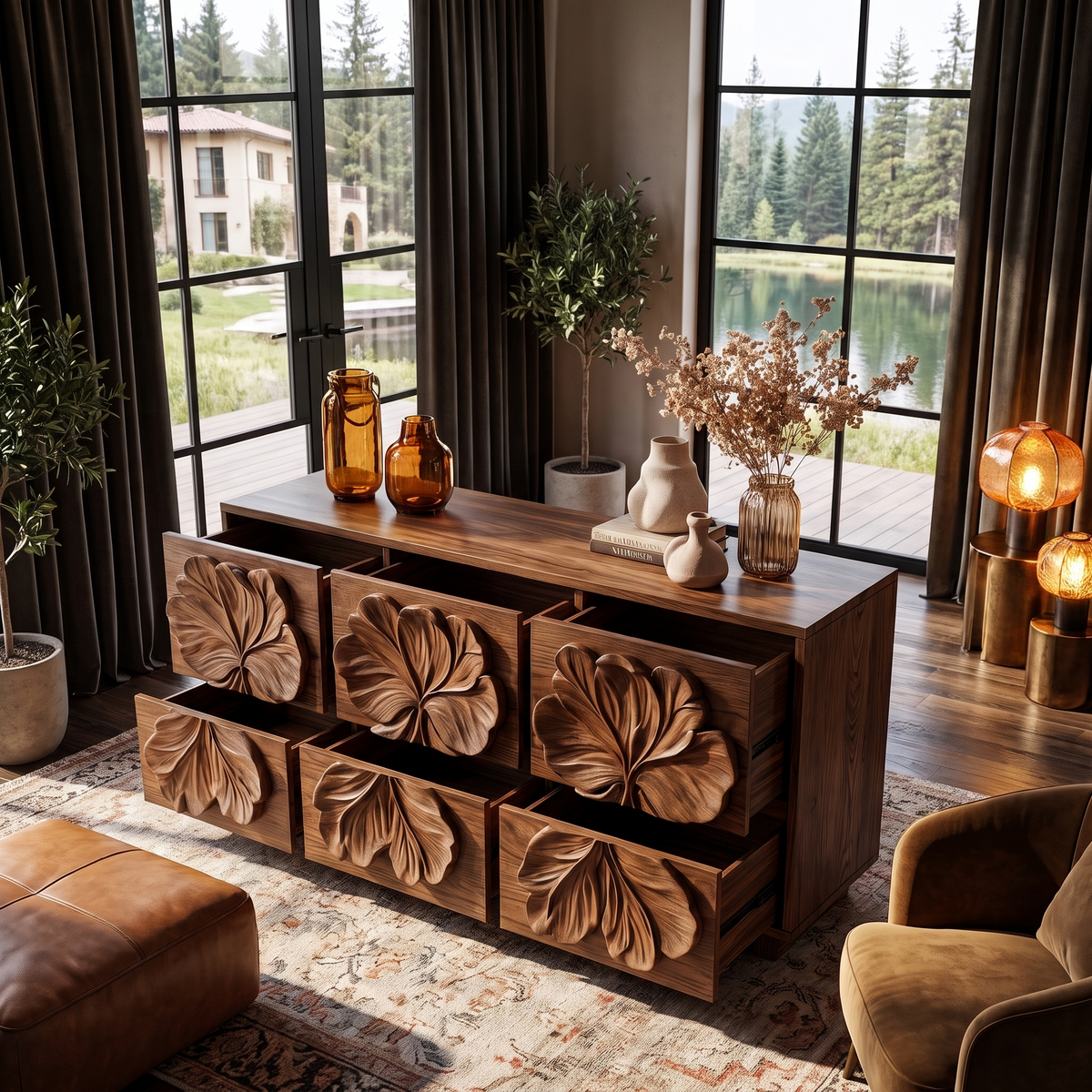 Rustic Bedroom Dresser with Carved Floral Drawer Fronts and Form, solid wood, built to order, view 3