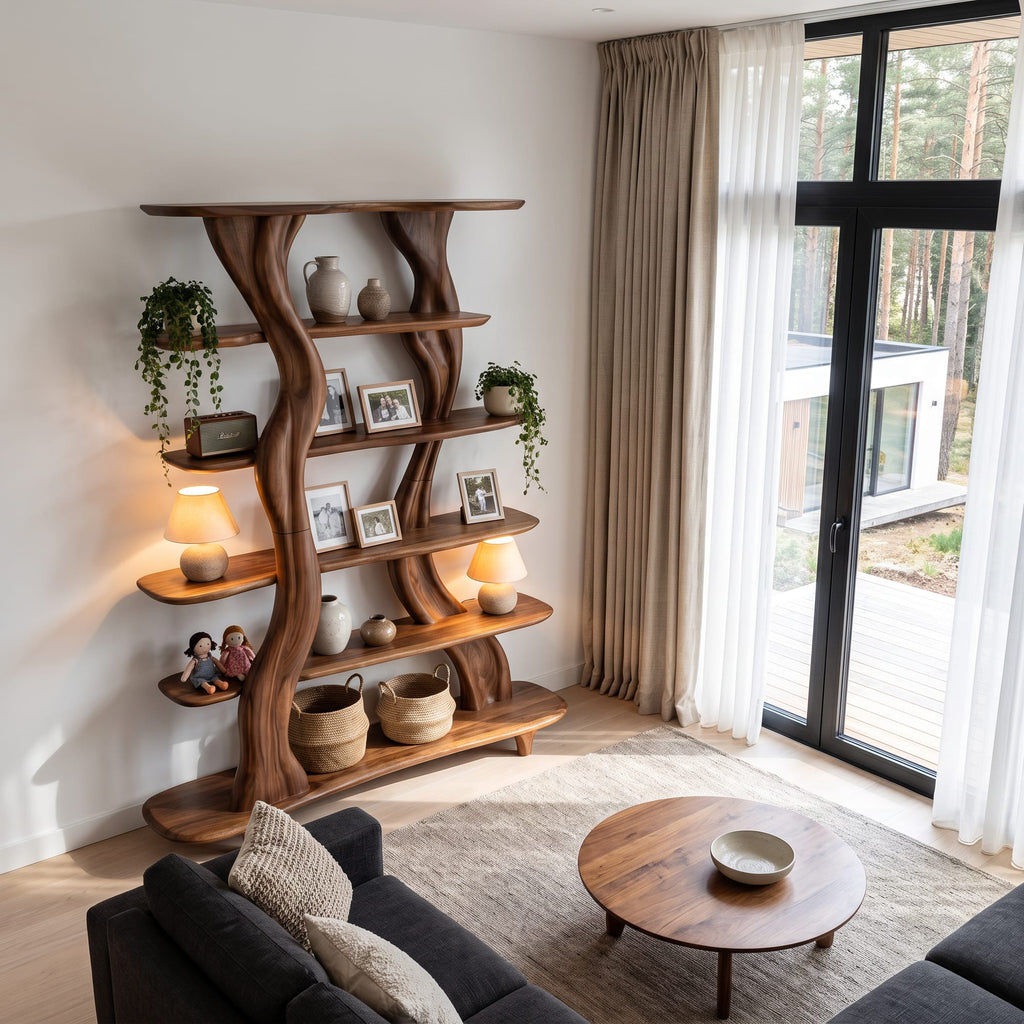Mid Century Sculptural Bookshelf with Branch Inspired Frame, solid wood, built to order