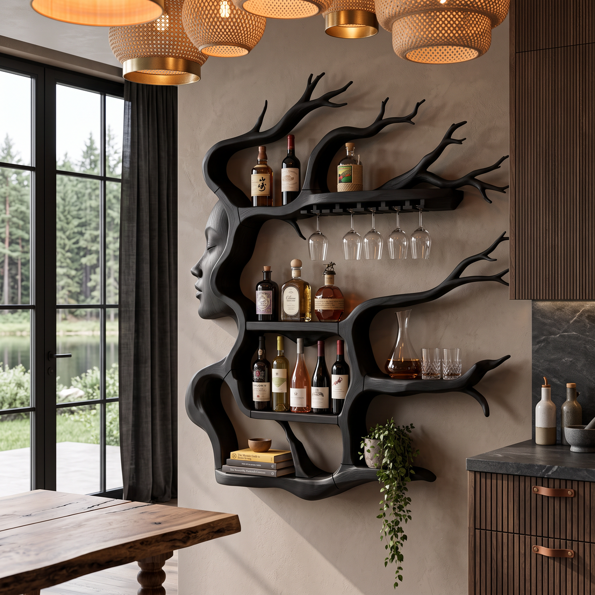 Contemporary Wall Mounted Wine Rack with Sculptural Face Tree Design, solid wood, built to order, view 7