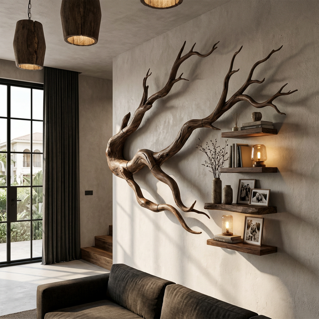 Organic Tree Bookcase with Flowing Wall Mounted Branches, solid wood, built to order, view 7