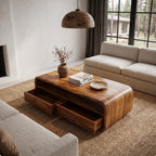 Mid Century Coffee Table with Rounded Frame Storage, solid wood, built to order