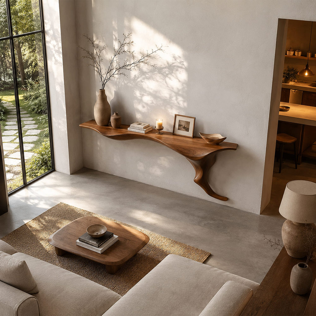 Organic Wall Mounted Console Table with Sculptural Tree Root Design, solid wood, built to order