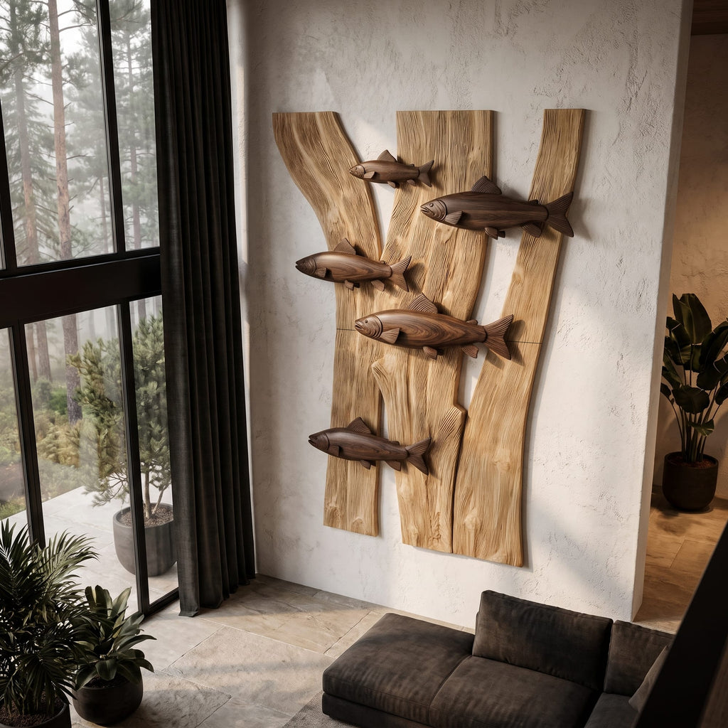 Contemporary Fish Wall Decor with Sculptural River Scene, solid wood, built to order