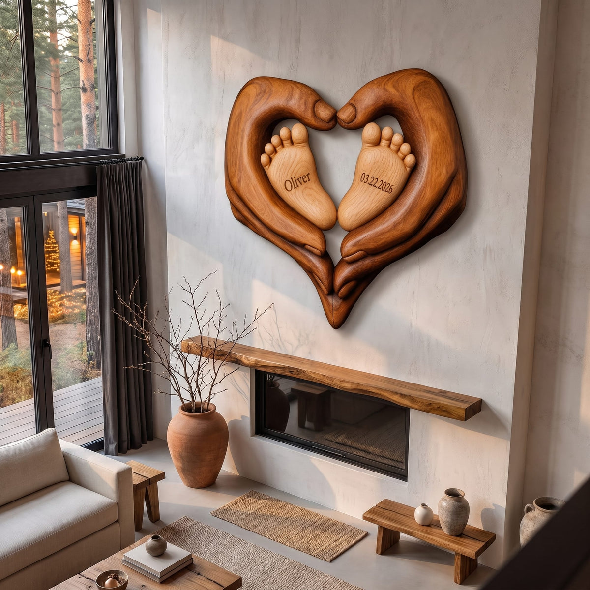 Contemporary Personalized Baby Wall Decor with Sculptural Baby Feet Design, solid wood, built to order