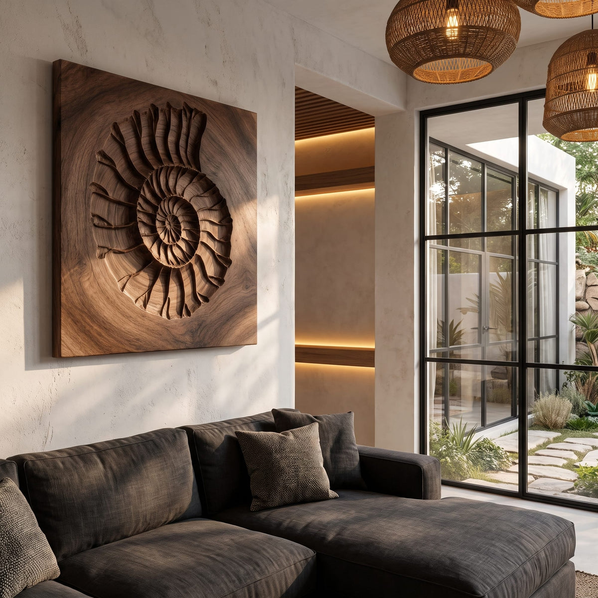 Rustic Ammonite Fossil Wall Decor, solid wood, built to order
