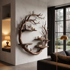 Contemporary Floating Shelf with Tree Branch Display Design, solid wood, built to order