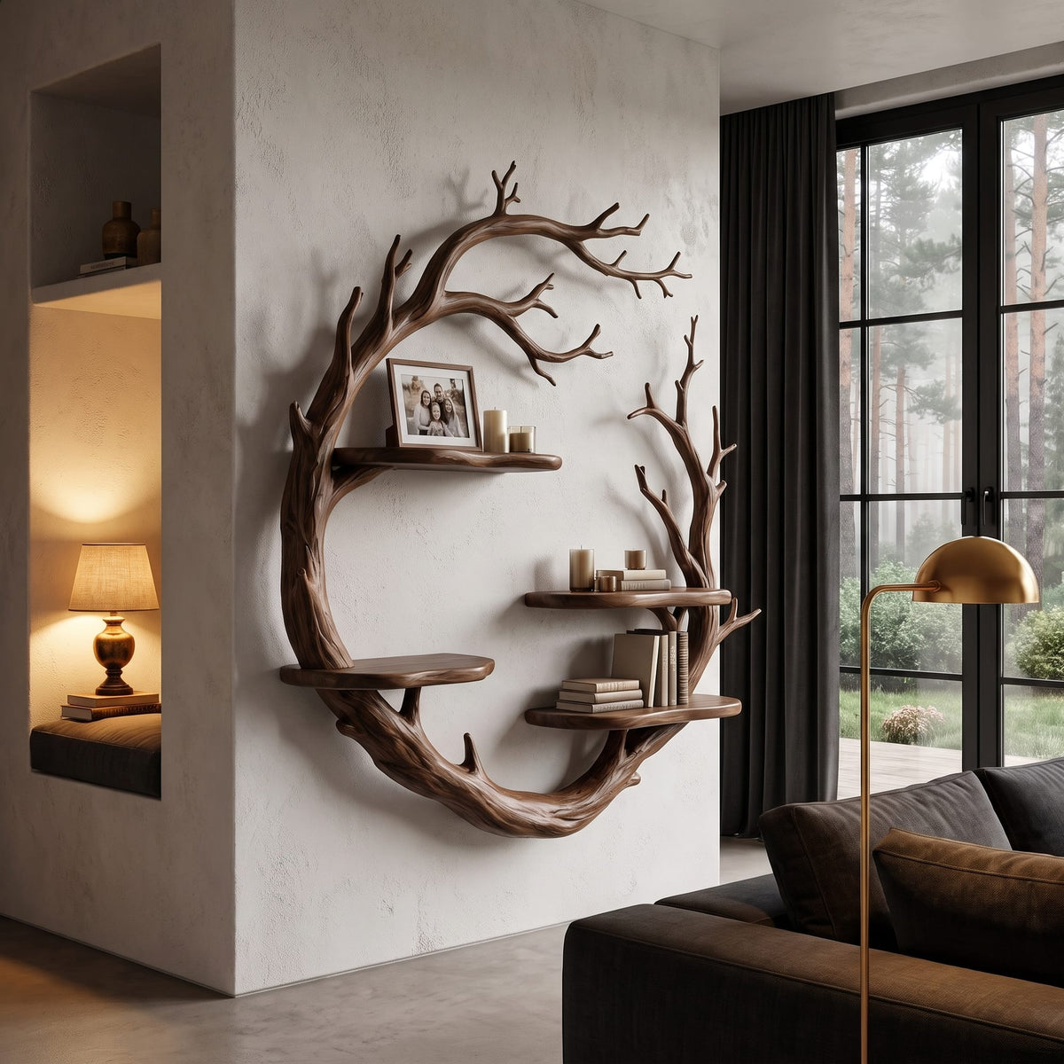 Contemporary Floating Shelf with Tree Branch Display Design, solid wood, built to order