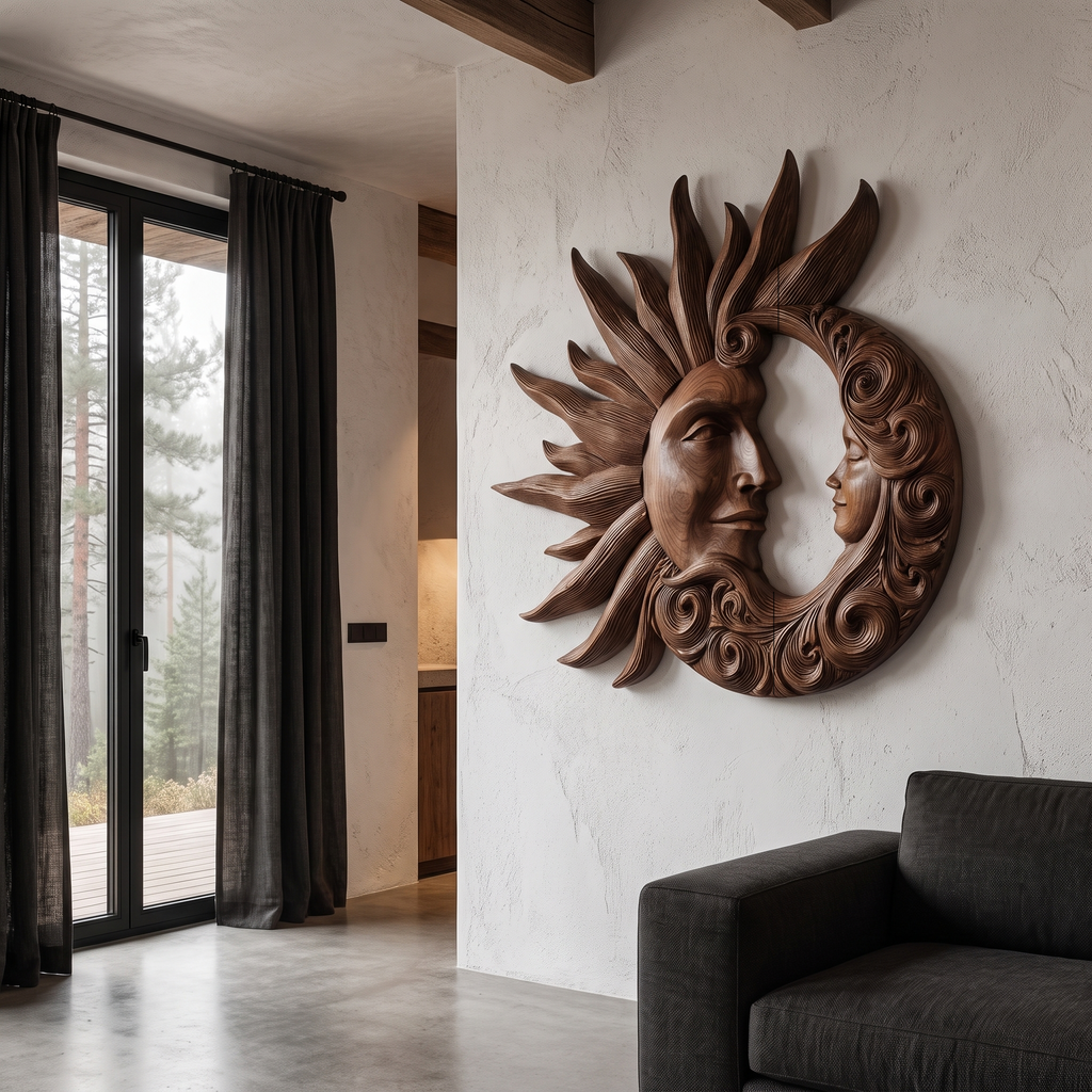 Organic Wood Wall Art with Carved Sun and Moon Design, solid wood, built to order, view 3