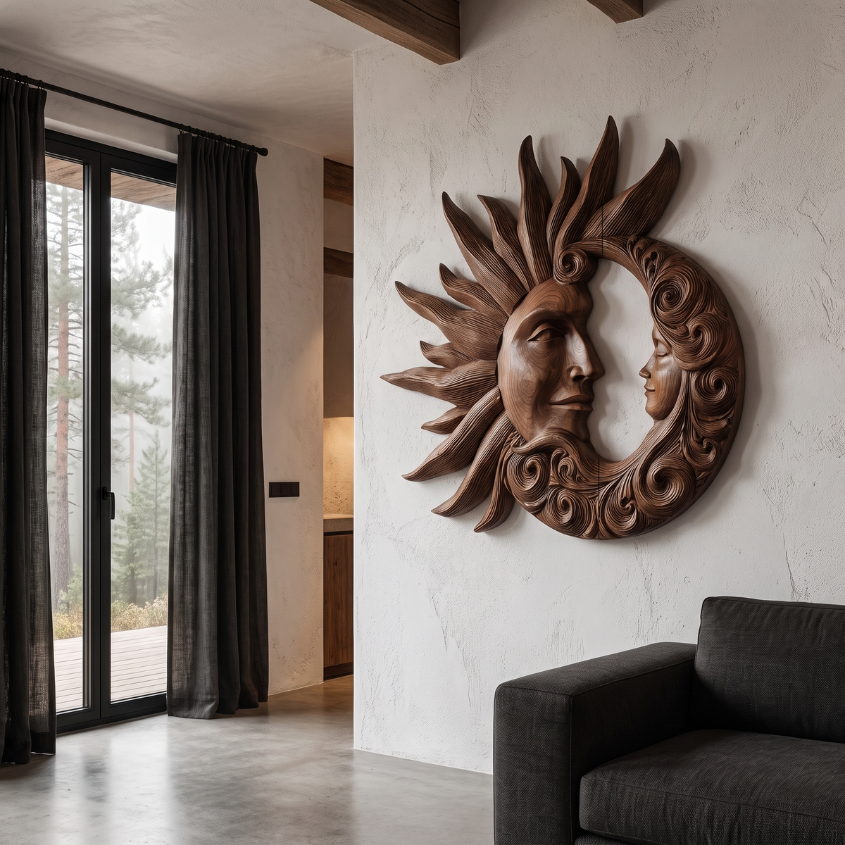 Organic Wood Wall Art with Carved Sun and Moon Design, solid wood, built to order, view 3