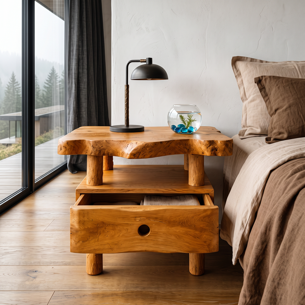 Organic Solid Bedside Table with Open Shelf and Drawer, solid wood, built to order, view 3