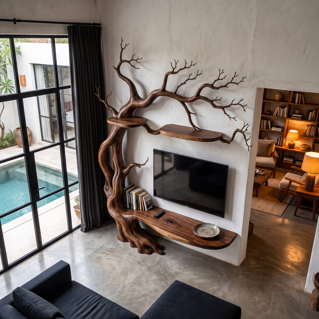 Organic Wall Mounted TV Stand with Sculptural Tree Branch Design, solid wood, built to order, view 3
