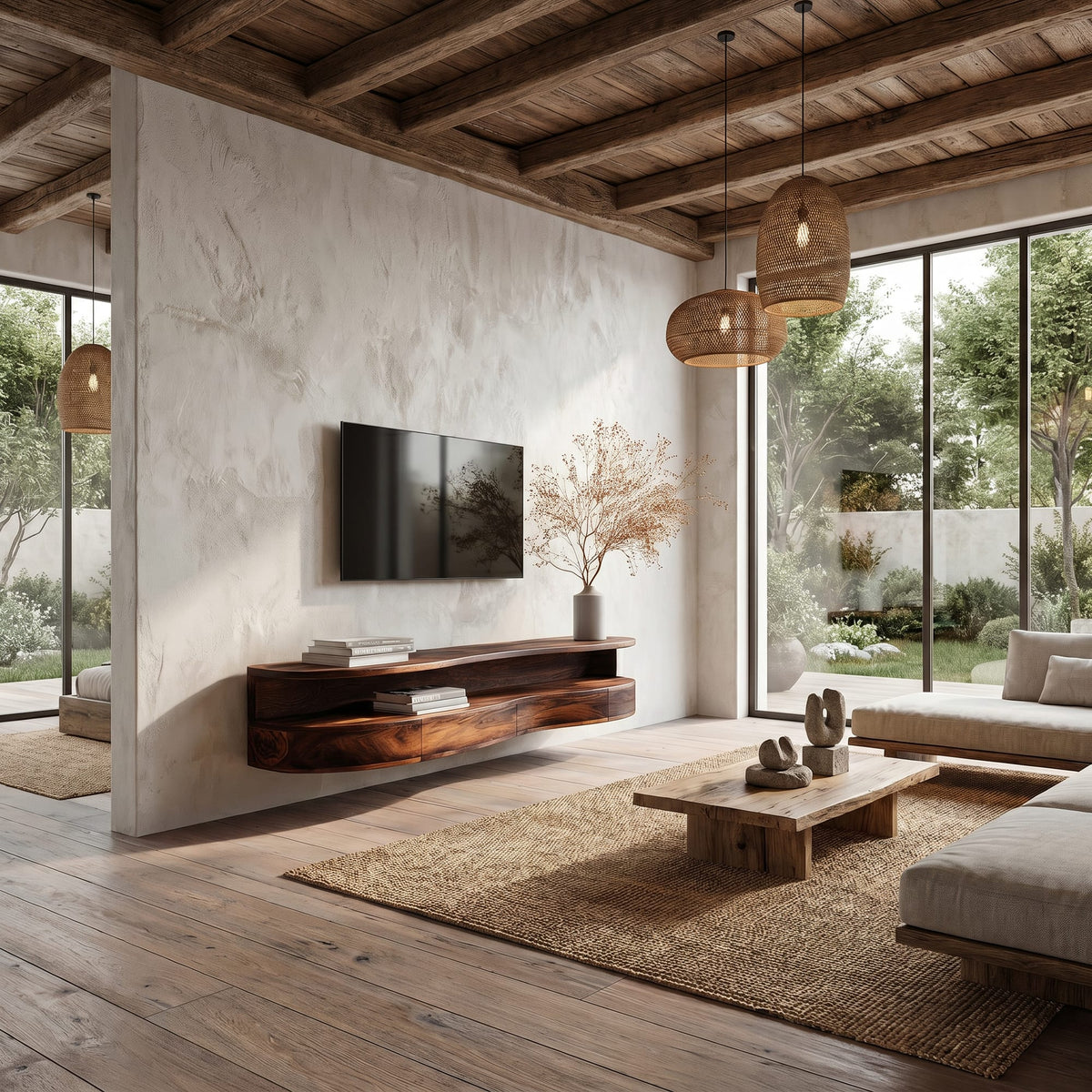 Contemporary Floating TV Stand with Built-in Drawer Storage, solid wood, built to order