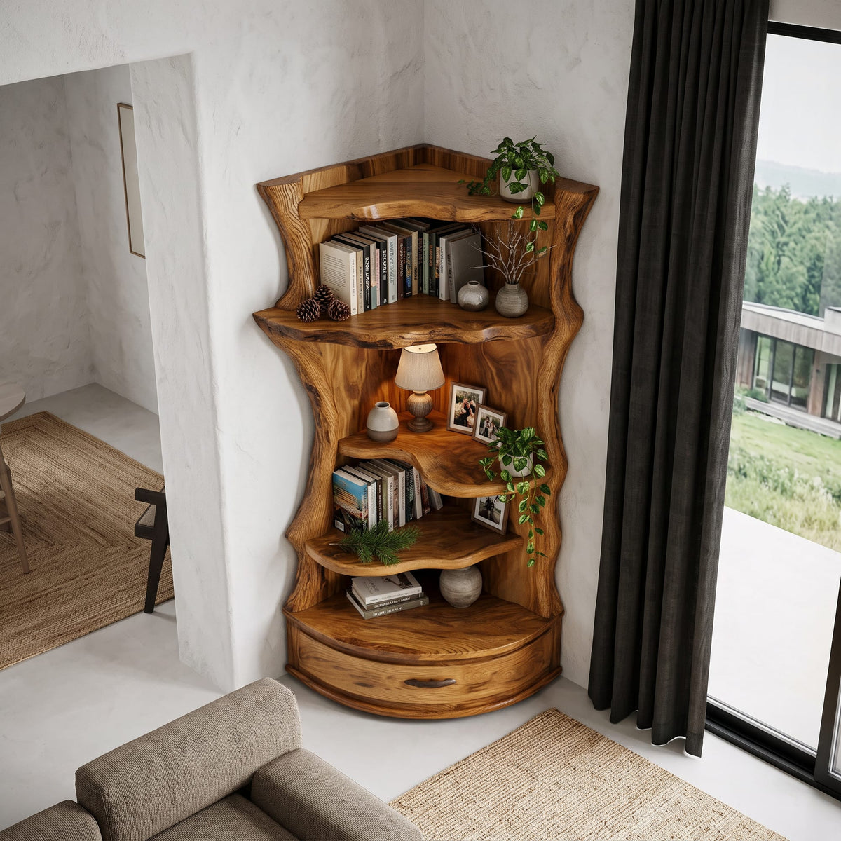 Mid Century Corner Shelf Unit with Curved Storage Base, solid wood, built to order