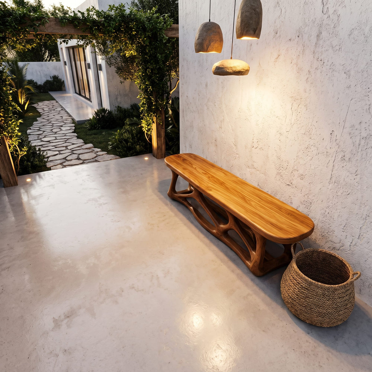 Contemporary Bench with Flowing Organic Design, solid wood, built to order