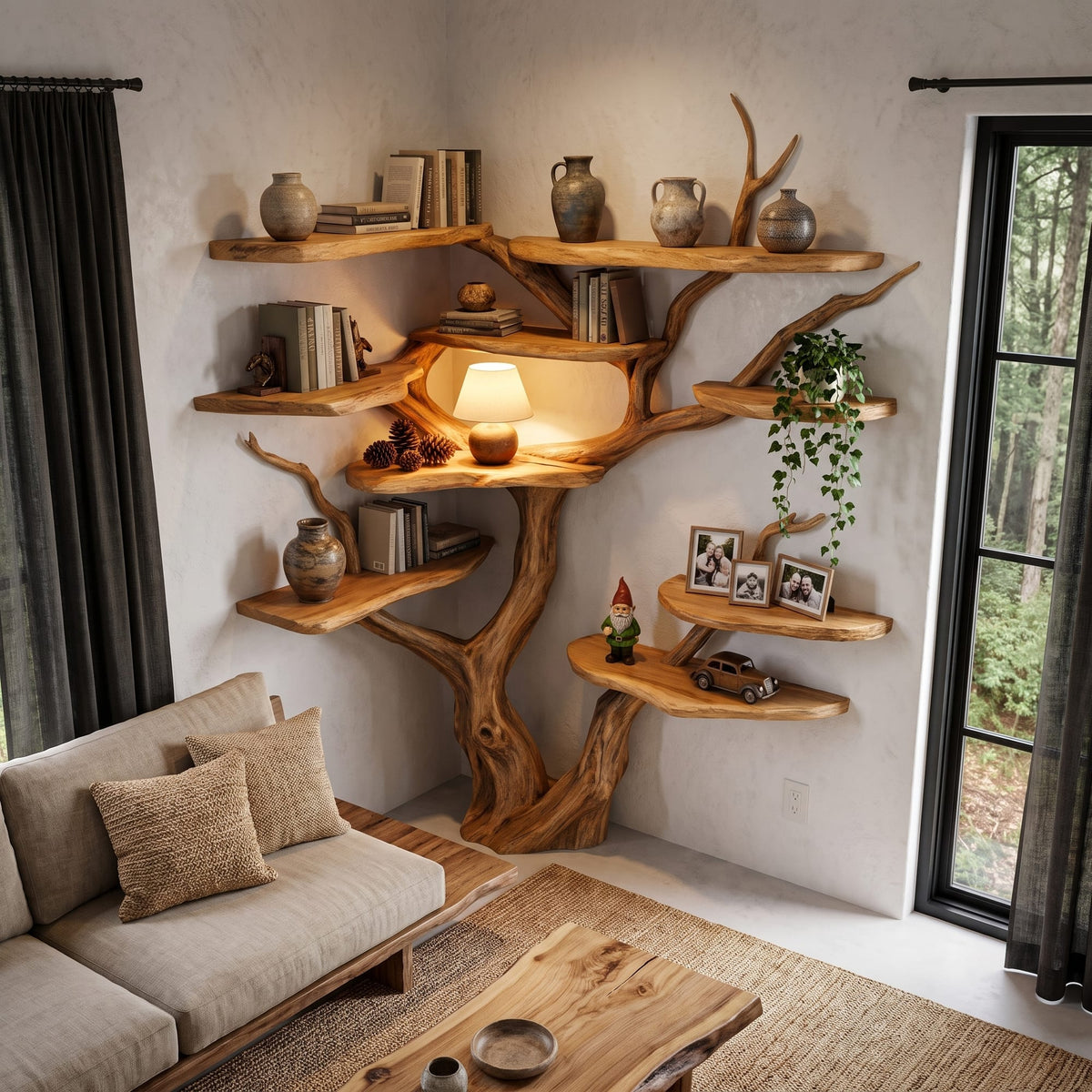 Contemporary Tree Bookshelf with Corner Branch Design, solid wood, built to order