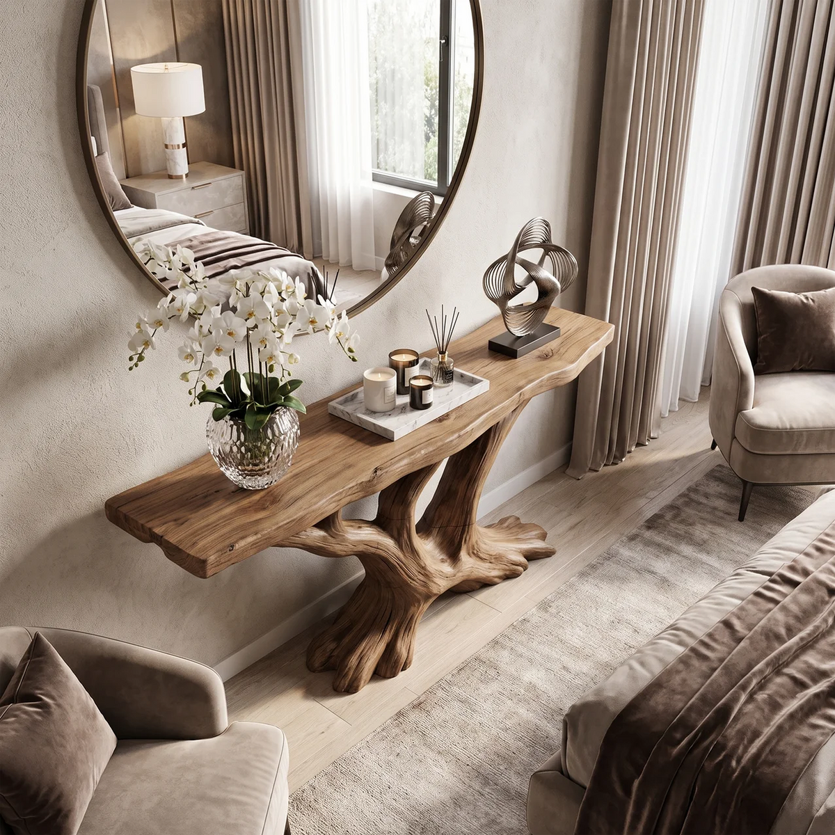 Contemporary Sculptural Console Table Entryway, solid wood, built to order, view 2