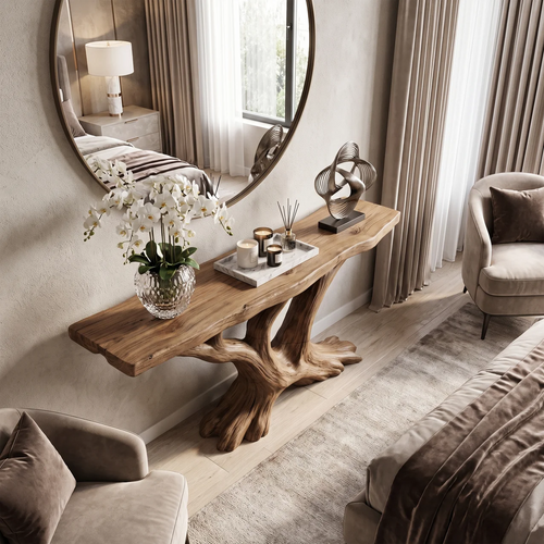Contemporary Sculptural Console Table Entryway, solid wood, built to order, view 2