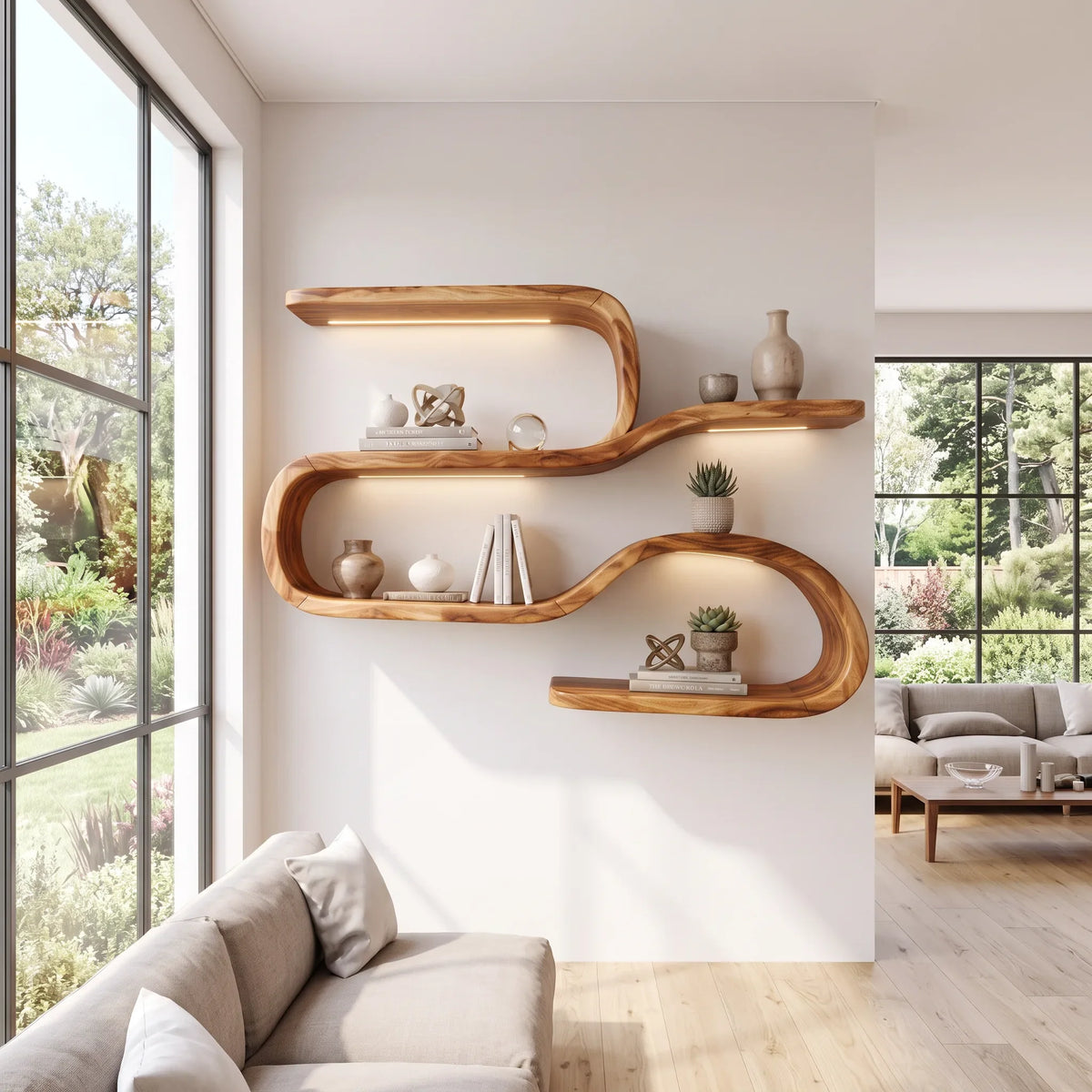 Mid Century Curved Wood Shelves for Coffee Bar, solid wood, built to order