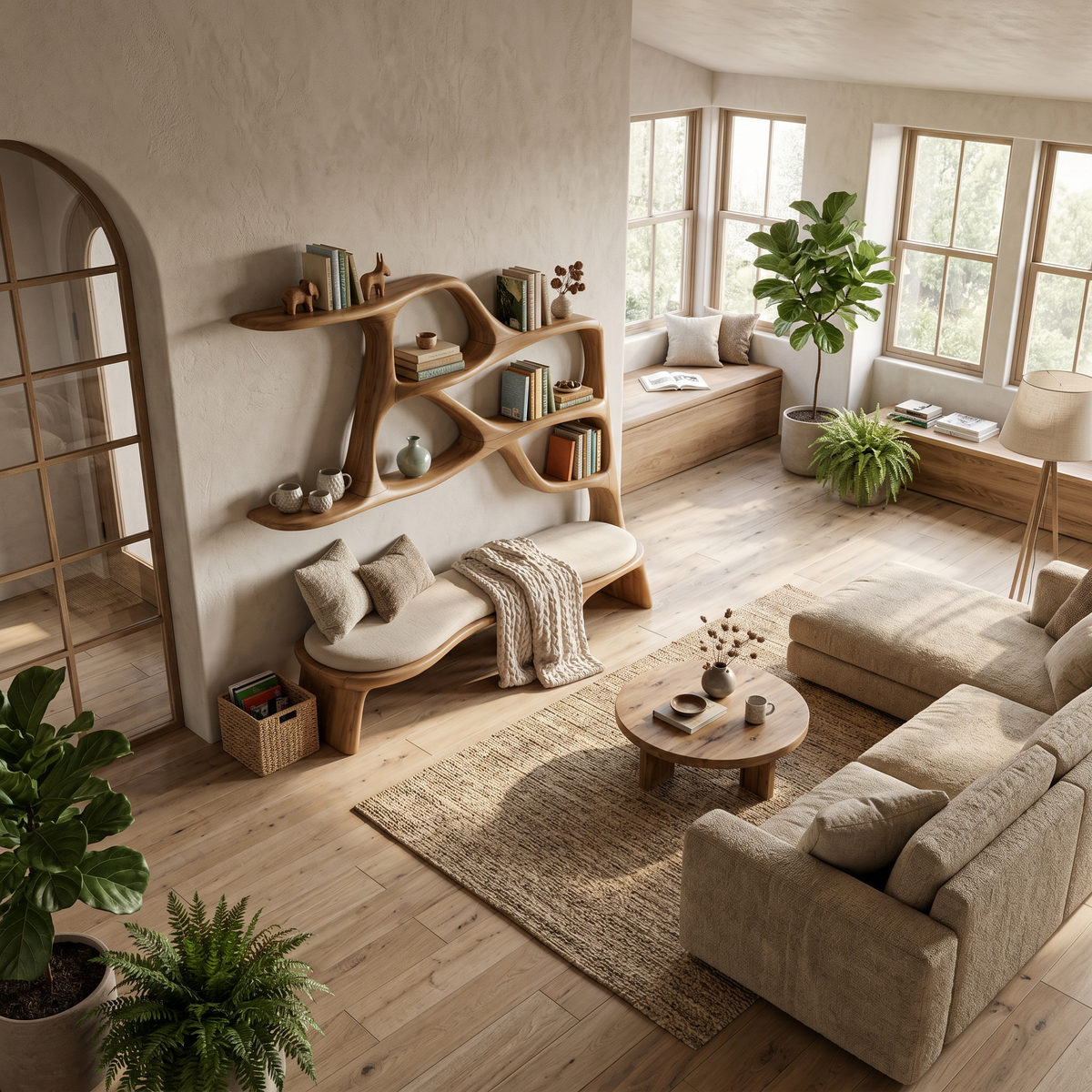 Minimalist Window Seat Bookcase, solid wood, built to order, view 2