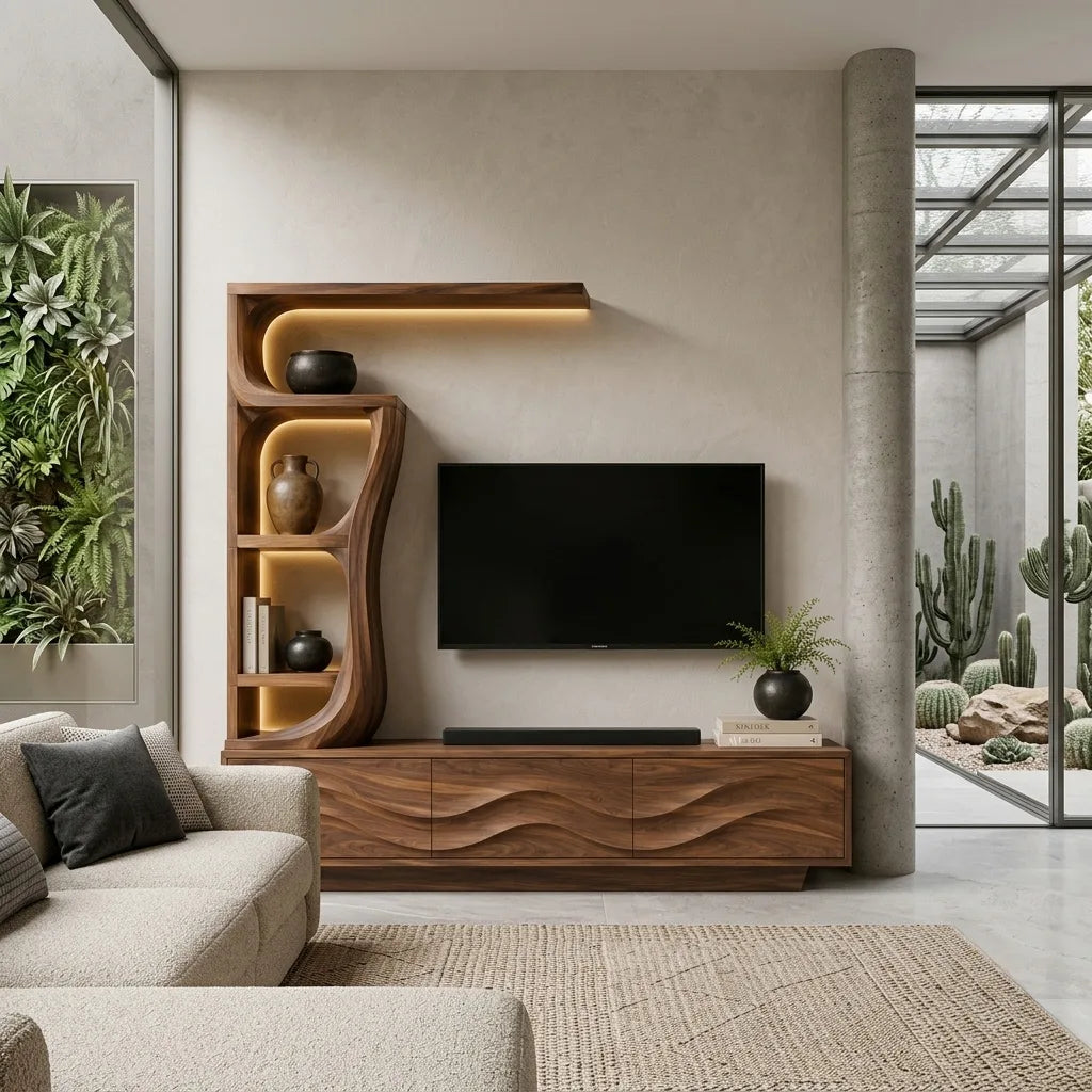 Contemporary Wave Carved TV Stand with Shelf, solid wood, built to order, view 2